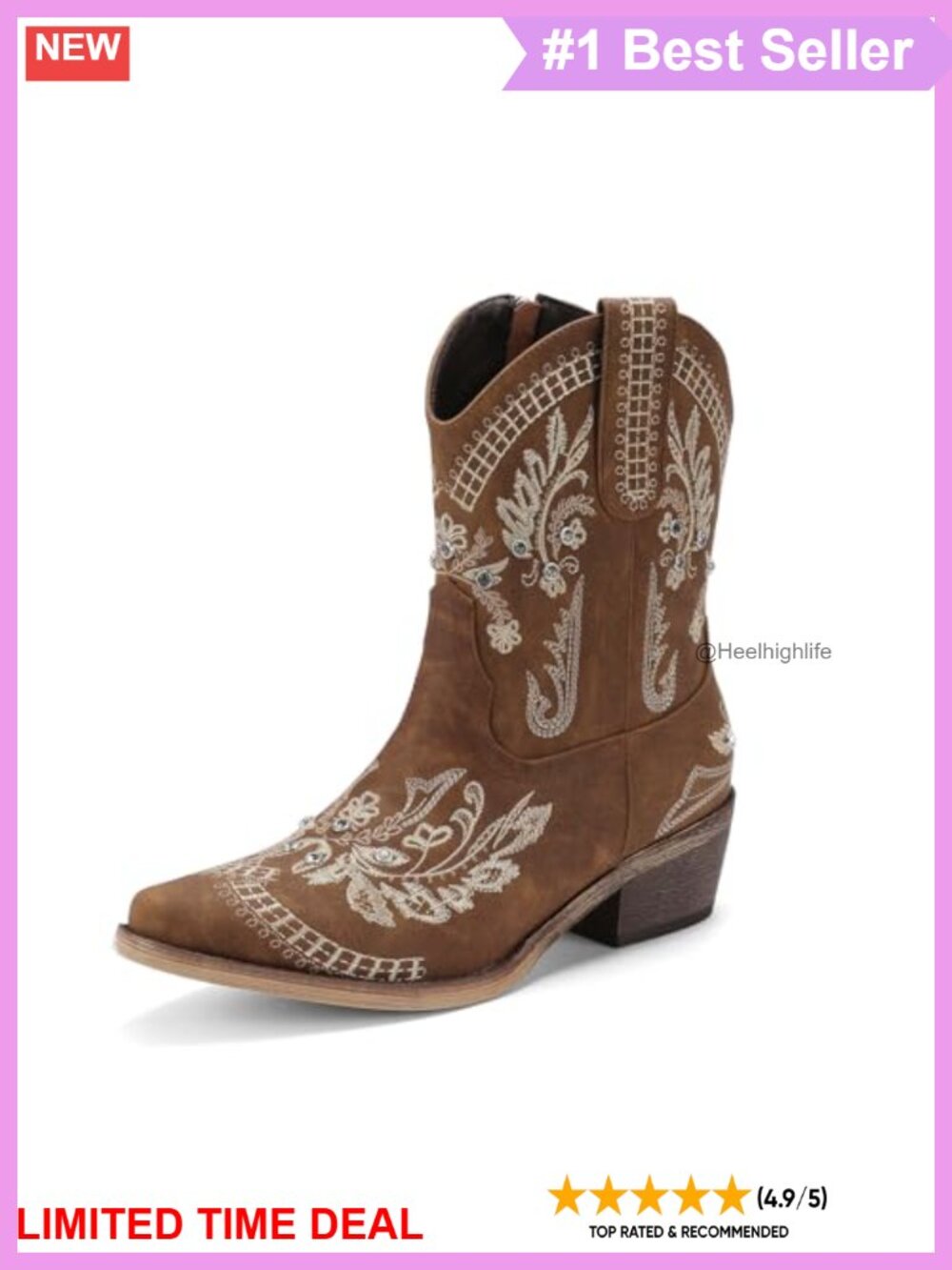 Rhinestone Embroidered Ankle Cowboy Boots Low Heel Side Zip